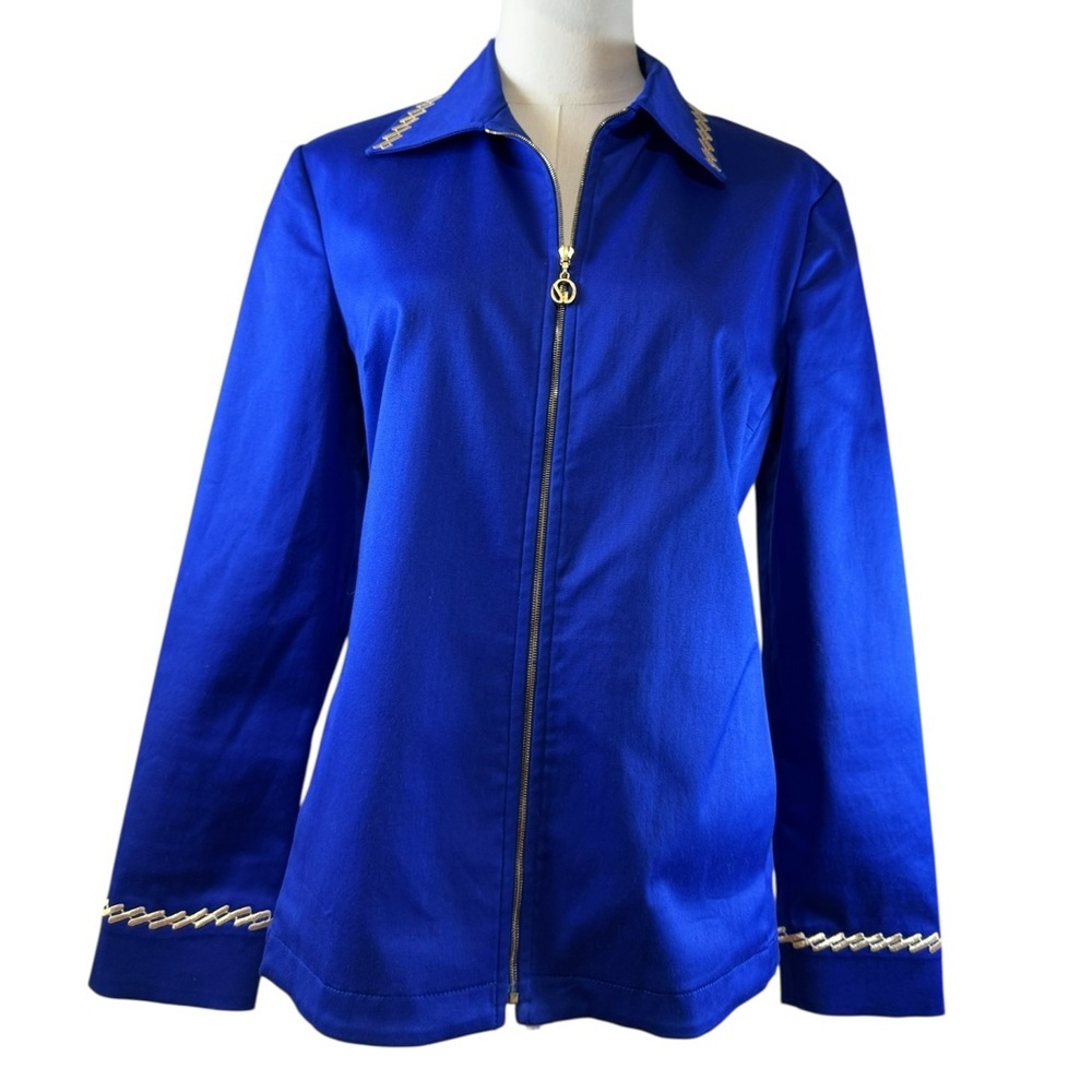 St. John Sport Marie Gray Royal Blue Zip-Front Jacket - Gold Trim Size S
